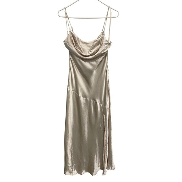 Selfie Leslie Well Versed Pleated Bust Front Split Dress Medium Champagne NEW - Picture 3 of 9